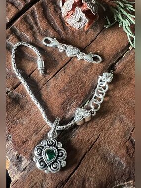 Brighton Charm Heart Bracelet Fine Silver Plated Green Heart Pendant